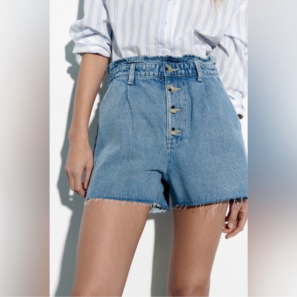 Zara women Blue Paper Bag Waist Denim Shorts